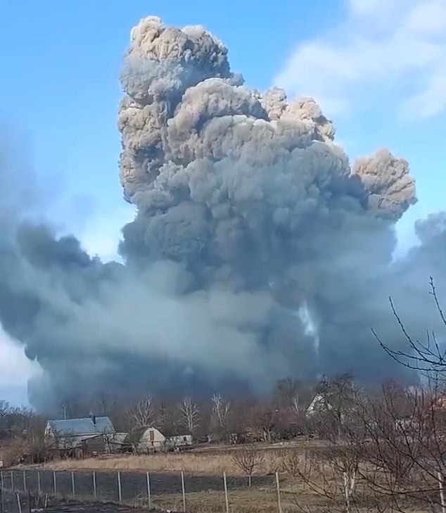 A huge explosion is seen at Vinnytsia military base, in central Ukraine, as the country comes under all-out attack by Russia