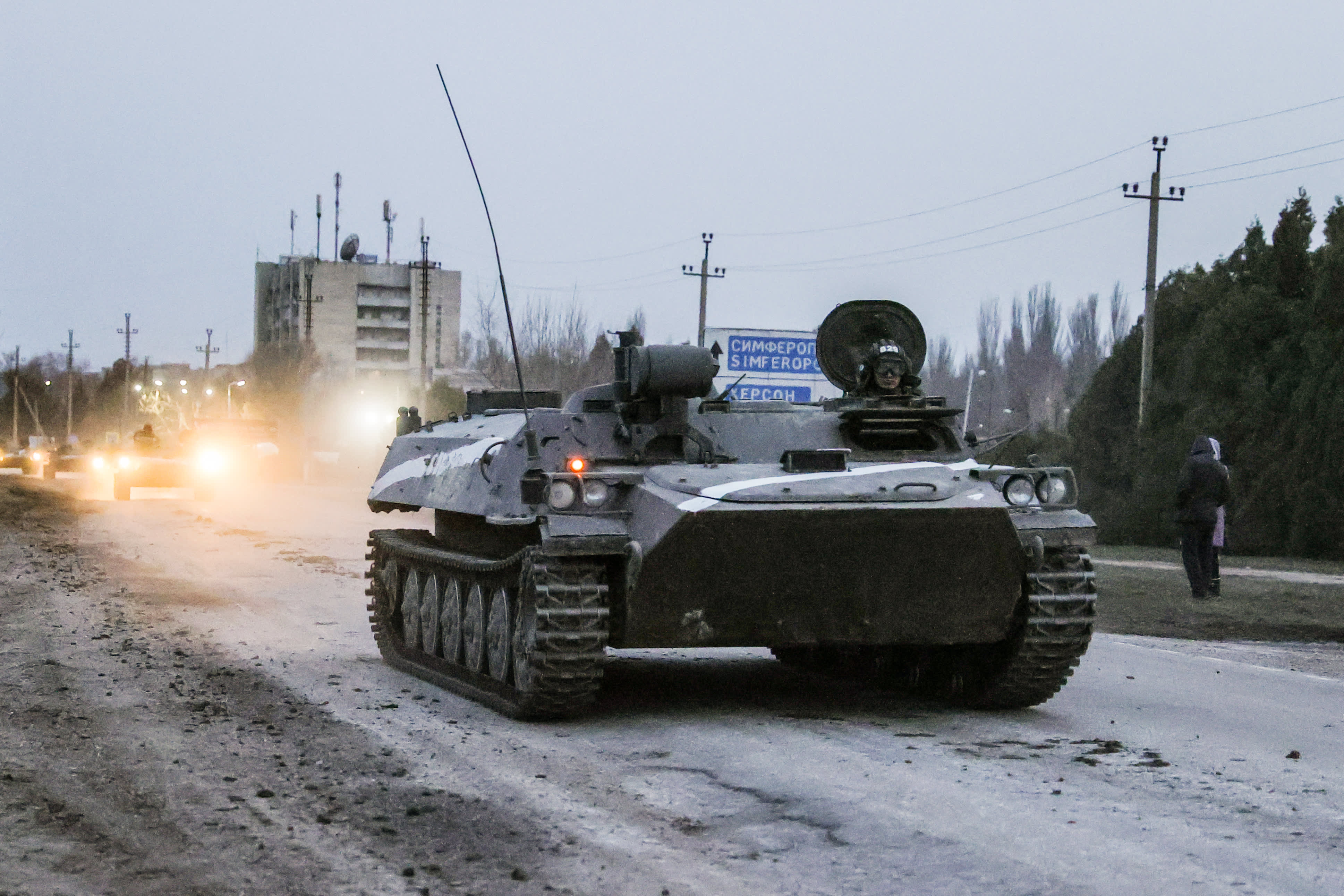 A military column approaches the Perekop checkpoint on the Ukrainian border.