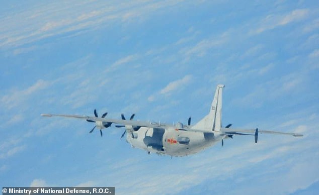 The ministry said the latest mission involved eight Chinese J-16 fighters and one Y-8 reconnaissance aircraft (pictured)