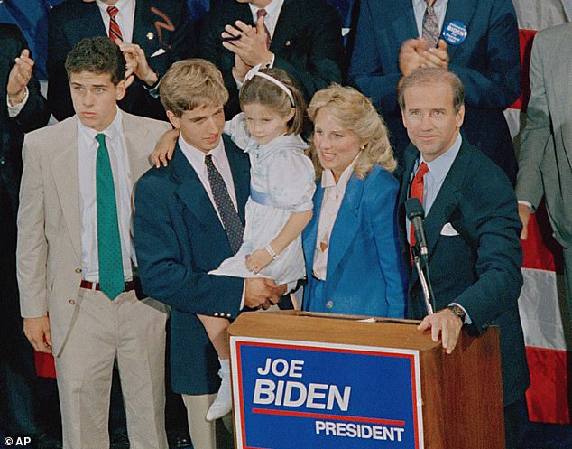 Ashley has been on the campaign trail since she was a young girl. She is pictured the day after her sixth birthday being held by half-brother Hunter, alongside late half-brother Beau and her parents in 1987