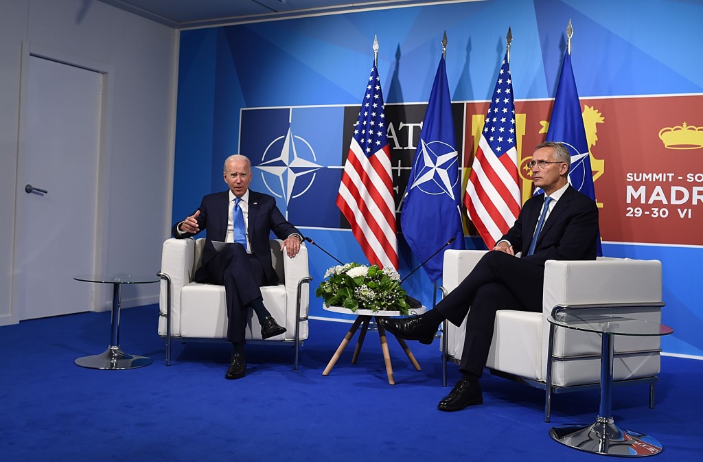 President Joe Biden (L) meets with NATO Secretary General Jens Stoltenberg.