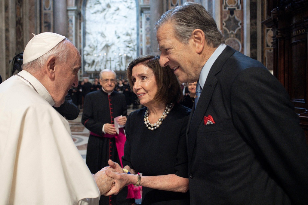 Pope Francis greets Nancy Pelosi during the Mass of Saint Peter and Paul on June 29.