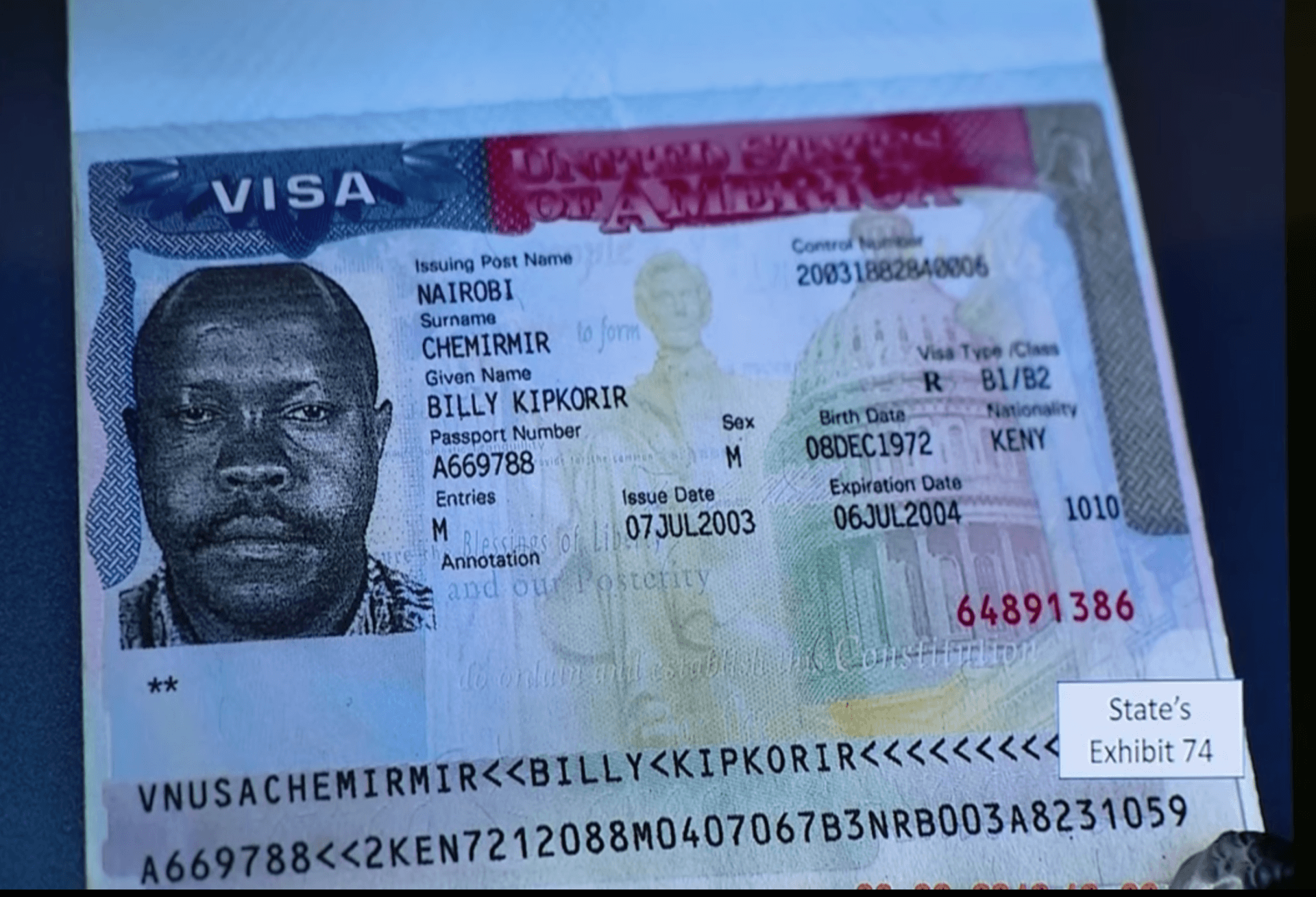 Chemirmir&rsquo;s expired United States visa. (Photo via Dallas County District Court)