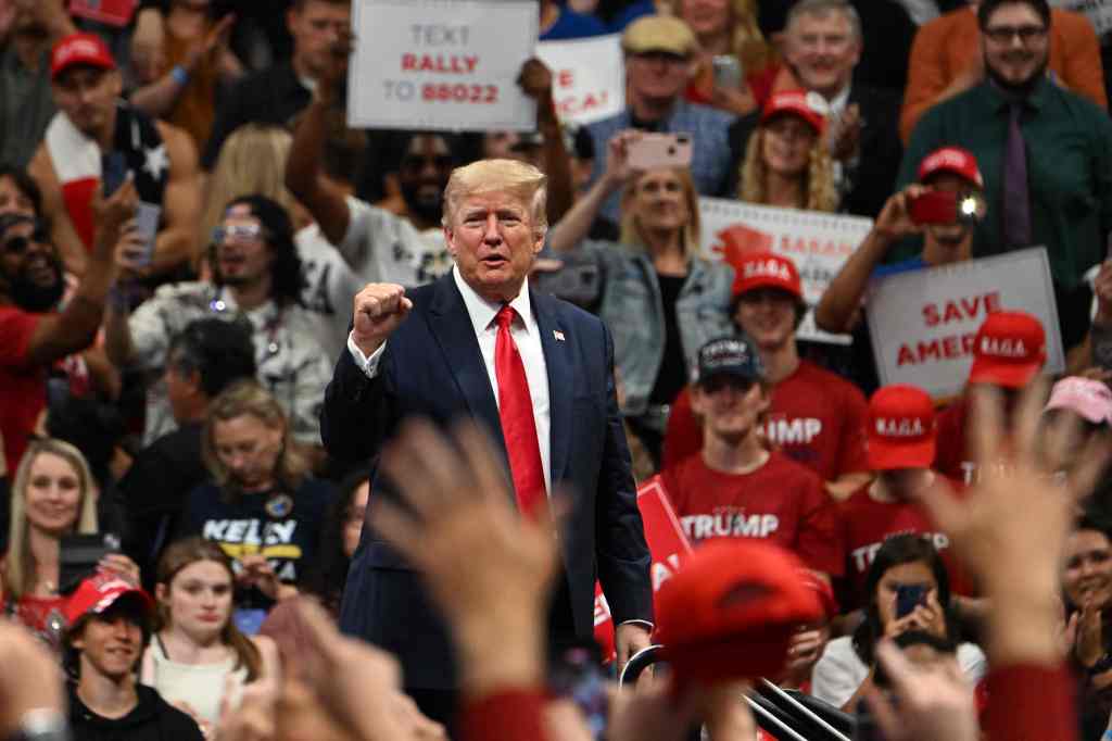Former President Donald Trump waves to the crowd during a "Save America" in Anchorage, Alaska on July 9, 2022. 