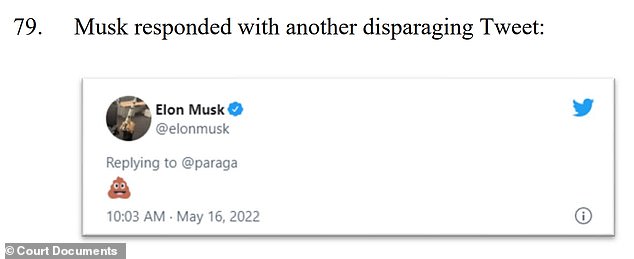 Twitter's lawsuit includes a screenshot of the billionaire responding to its CEO with the poop emoji, saying it's evidence he disparaged the company in violation of the buyout deal