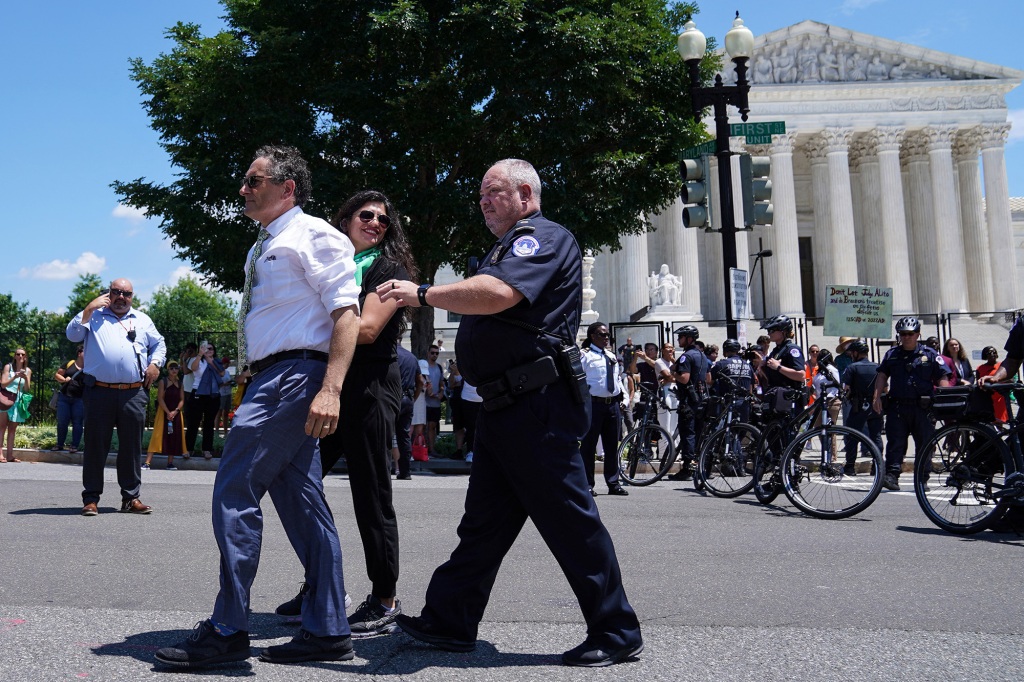 Rep. Alexandria Ocasio-Cortez was among the Democratic lawmakers who were escorted out of the Supreme Court building during an abortion rights protest.