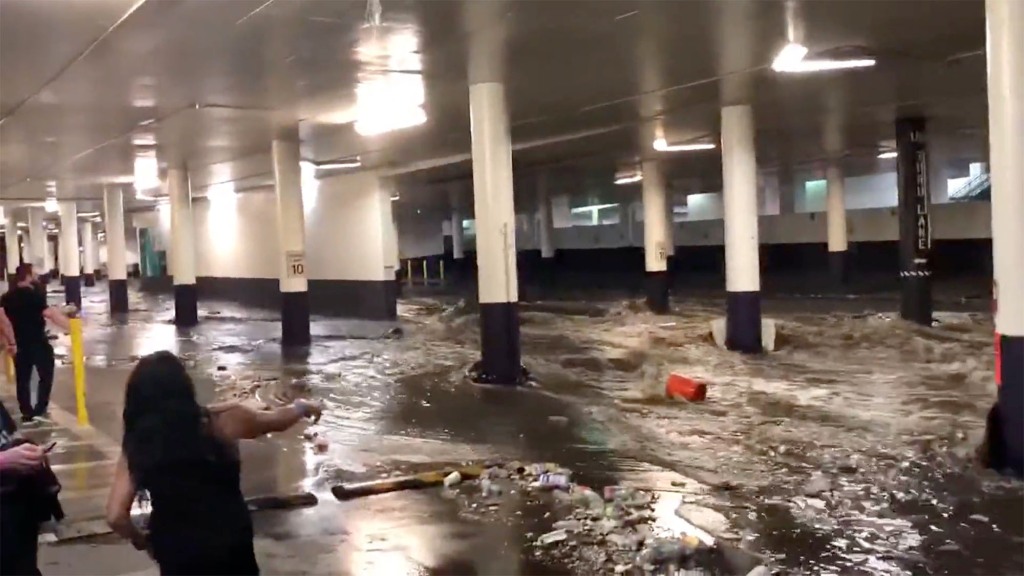 Flooding at a parking garage on the Strip