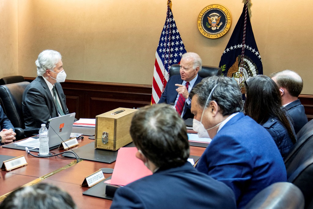 President Joe Biden meets with his national security team to discuss the counterterrorism operation to take out al Qaeda leader Ayman al-Zawahiri on July 1, 2022.