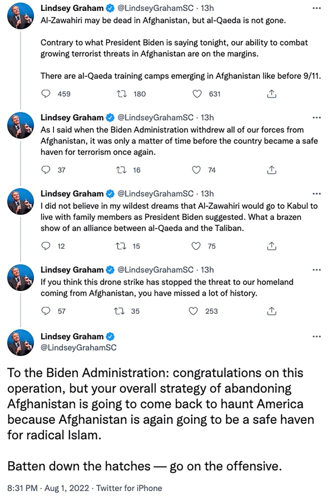 Sen. Lindsey Graham accused of “al-Qaeda and the Taliban” of collaborating against the US.