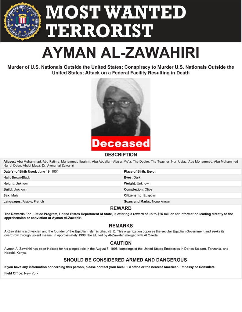 Most Wanted Terrorist appeal for Ayman al-Zawahiri updated to show he is 