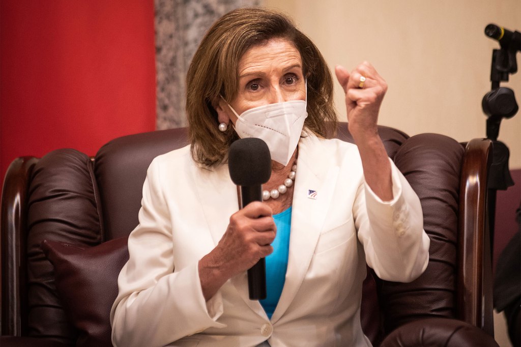 TAIPEI, TAIWAN - AUGUST 03: Speaker of the U.S. House Of Representatives Nancy Pelosi (D-CA), attends a meeting at the Legislative Yuan, Taiwan's house of parliament, with Tsai Chi-Chang, right, Vice President of the Legislative Yuan (not pictured) on August 03, 2022 in Taipei, Taiwan. Pelosi arrived in Taiwan on Tuesday as part of a tour of Asia aimed at reassuring allies in the region, as China made it clear that her visit to Taiwan would be seen in a negative light. (Photo by Central News Agency via Getty Images)
