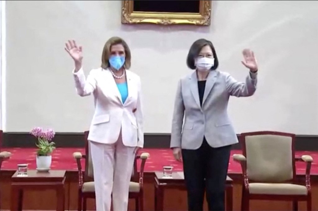 U.S. House of Representatives Speaker Nancy Pelosi attends a meeting with Taiwan President Tsai Ing-wen at the presidential office in Taipei, Taiwan August 3, 2022, in this screengrab taken from video. Taiwan Pool via REUTERS TV NO RESALES. NO ARCHIVES.