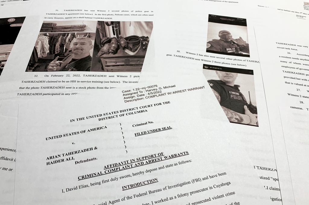 A picture of the affidavit to support the arrest of Arian Taherzadeh and Haider Ali is photographed on April 6, 2022.
