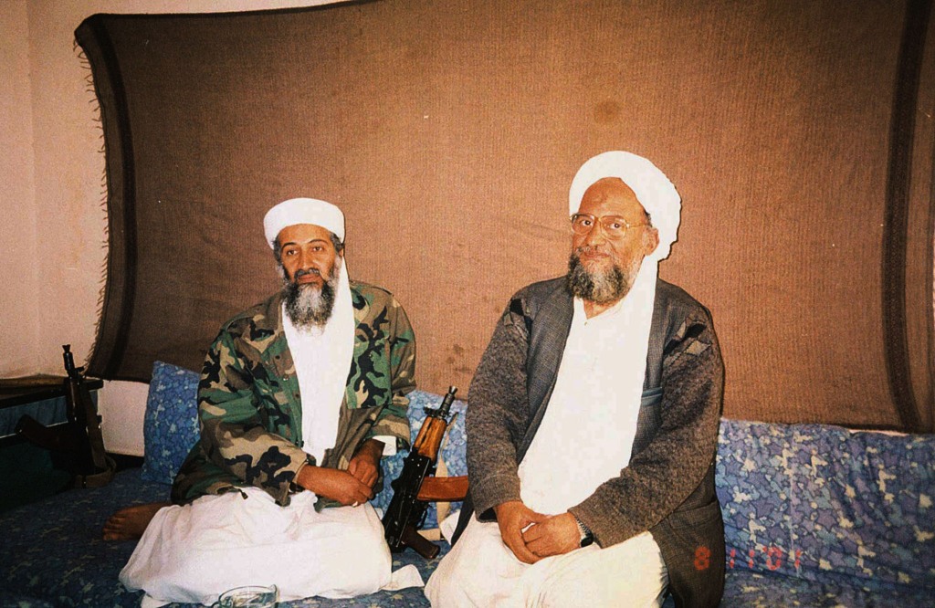 Osama bin Laden (L) sits with his adviser Ayman al-Zawahri, an Egyptian linked to the al Qaeda network, during an interview with Pakistani journalist Hamid Mir (not pictured) in an image supplied by the respected Dawn newspaper, in this November 10, 2001
