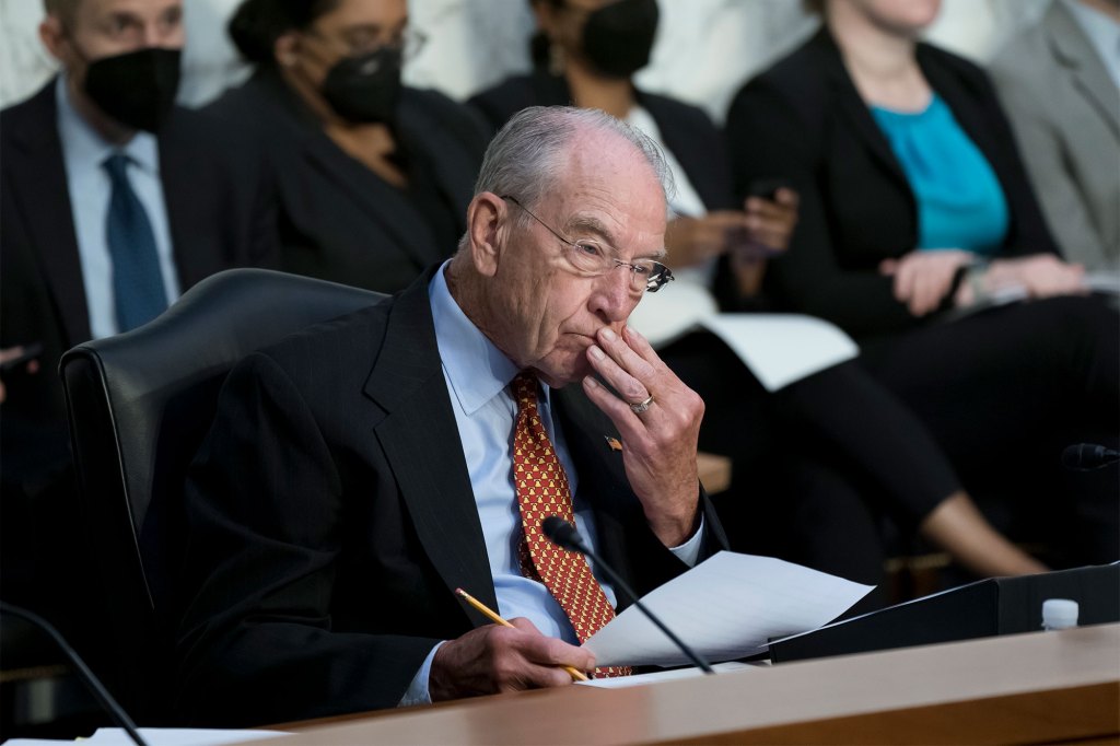 Sen. Chuck Grassley listens as the panel hears from election officials and Justice Department officials about the rise in threats toward elected leaders and candidates, at the Capitol in Washington, Wednesday, Aug. 3, 2022.