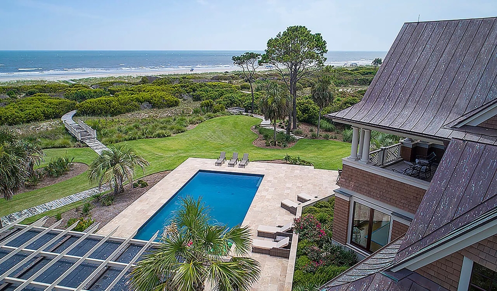 Aerial of backyard, pool