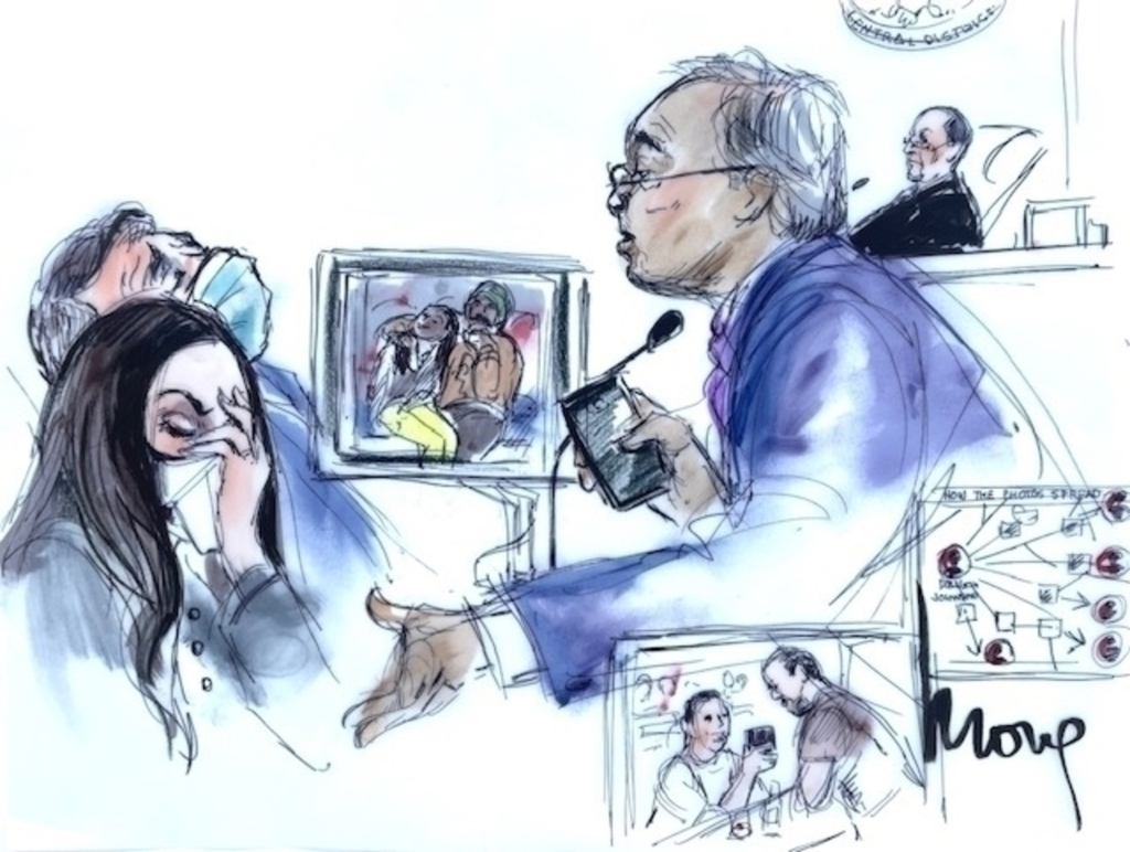 A sketch artist depicted the courtroom scene Friday.