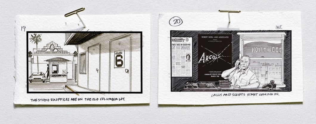 Story board with Studio 6 office on left and man talking on the phone in an office with the Hollywood sign visible from...