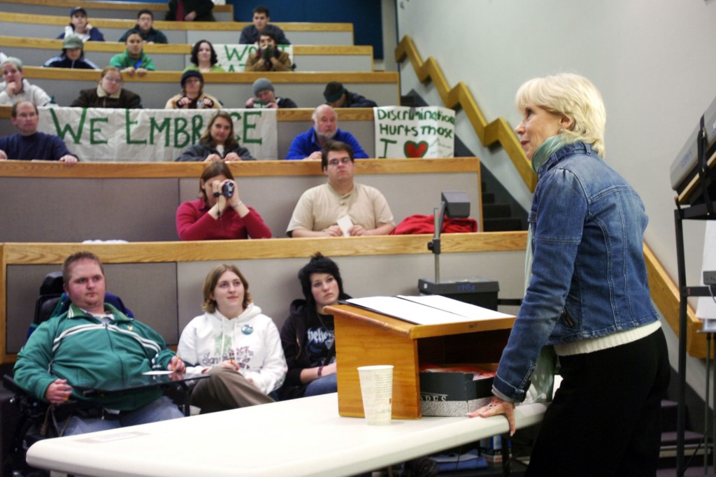 Nancy Heche, mother of actress Anne Heche, speaks about sexual orientation at USM's Masterton Hall. 
