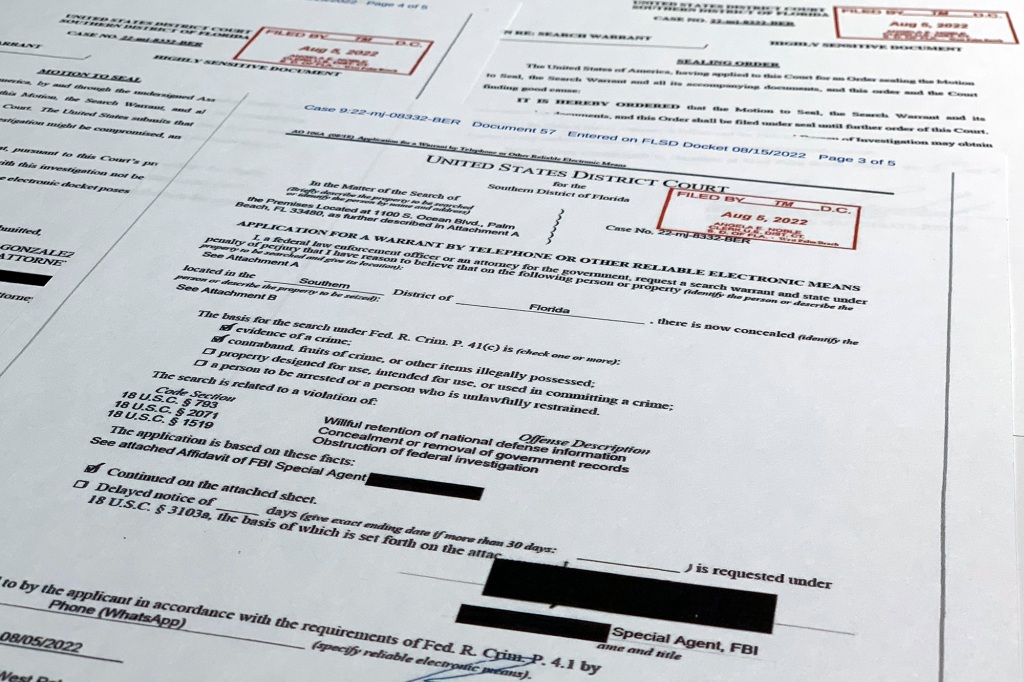 Documents related to the search warrant for former President Donald Trump's Mar-a-Lago estate in Palm Beach, Fla.
