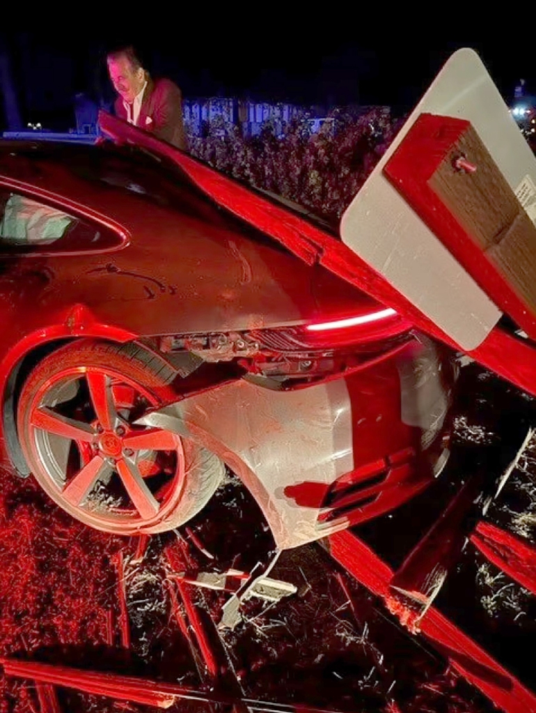 California highway patrol photo of damage to the rear driver's side of Pelosi's Porsche