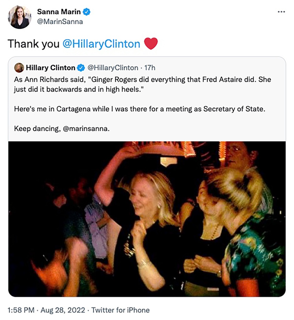Sanna Marin thanks Hillary Clinton for her support.