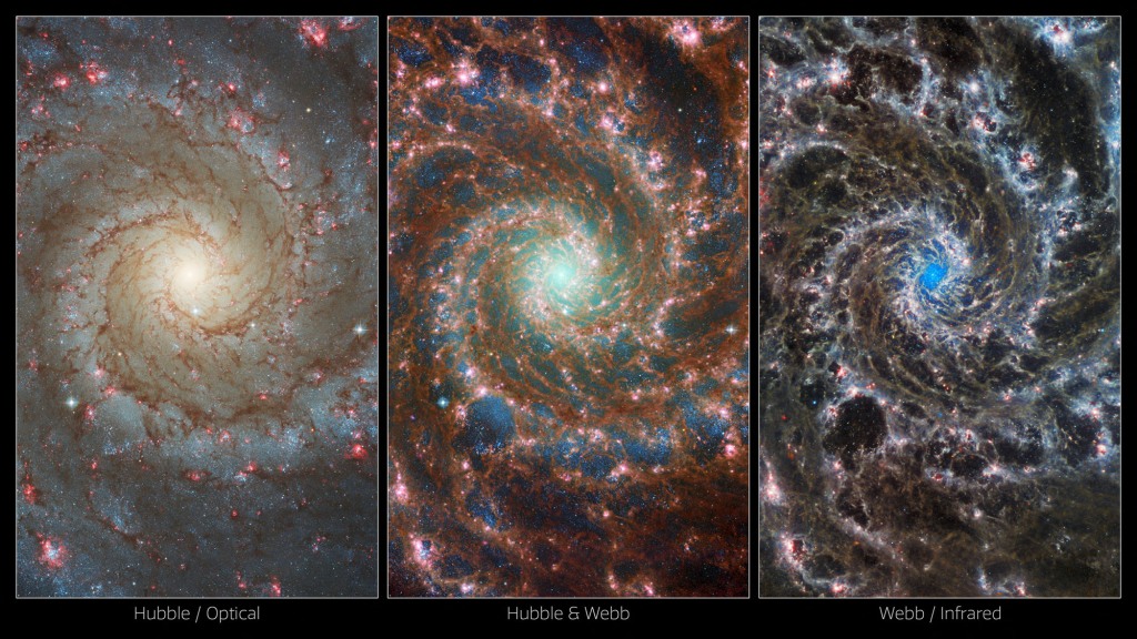 A combination image showing three different views of the Phantom Galaxy.