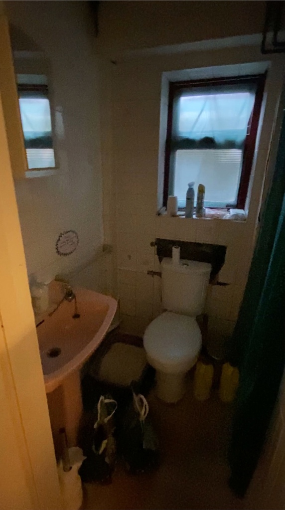 The door to the secret basement room was concealed in this small bathroom.