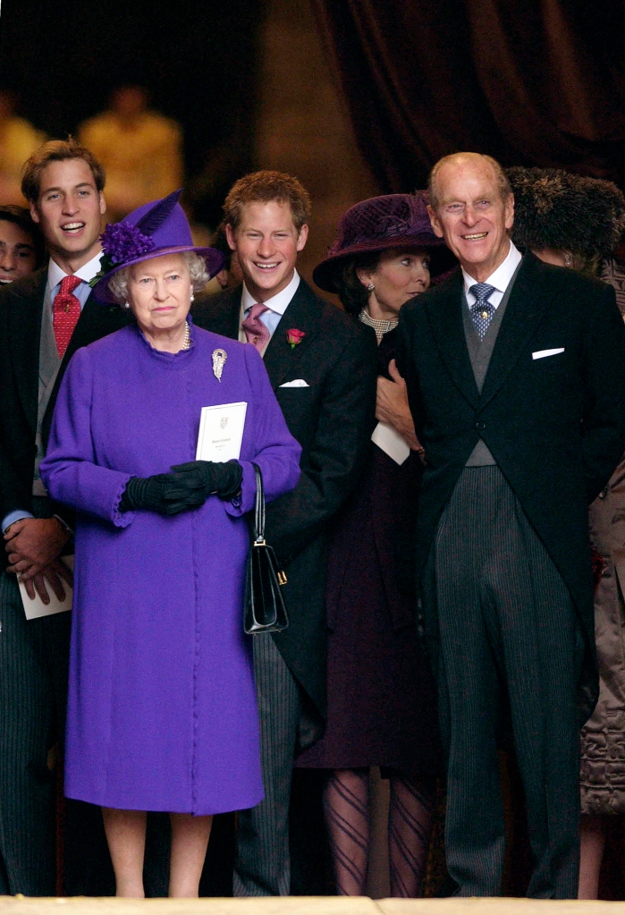 CHESTER, UNITED KINGDOM - NOVEMBER 06:  Queen Elizabeth II, Prince Philip And Their Grandsons Prince William And Prince Harry At The Van Cutsem/grosvenor Wedding At Chester Cathedral. Behind Are The Mothers Of The Bride And Groom.  (Photo by Tim Graham Photo Library via Getty Images)
