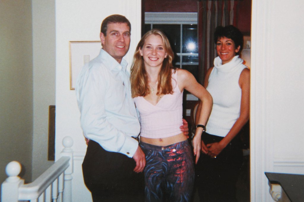 A photo of Prince Andrew, Virginia Roberts, and Ghislaine Maxwell.