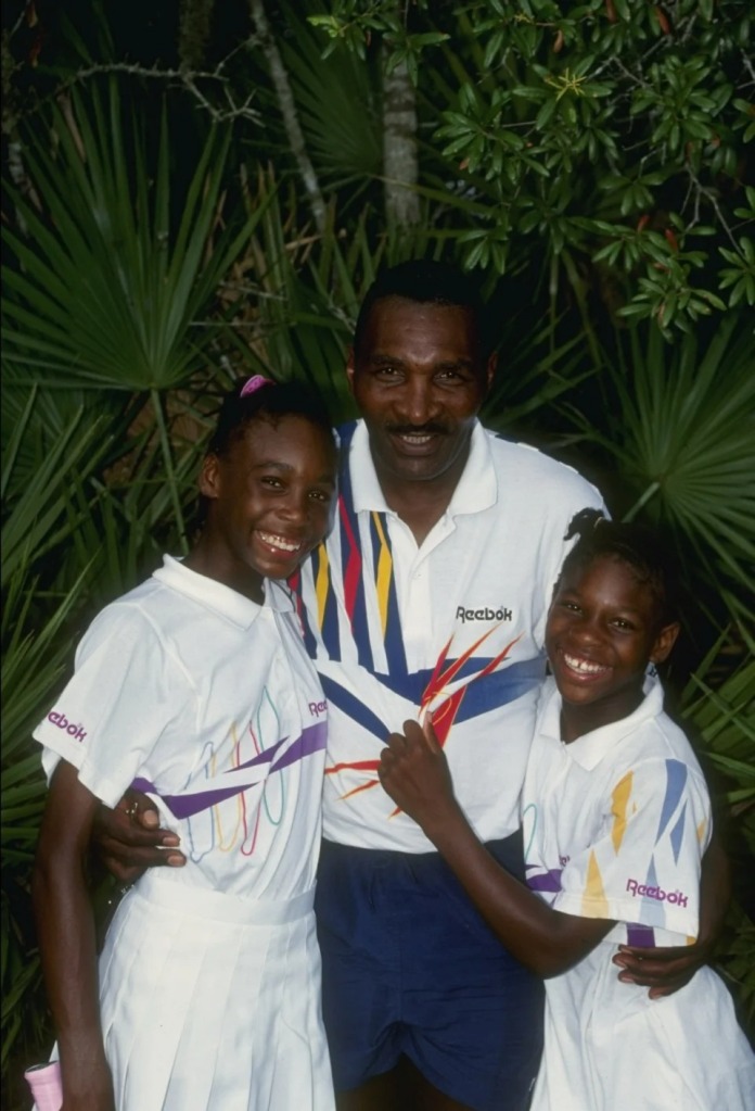 Serena and Venus Williams in their youth alongside their father, Richard. 