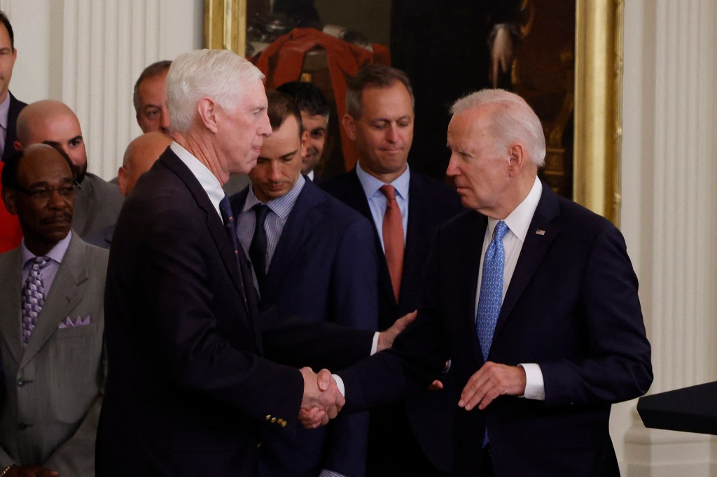 President Biden paid tribute to the late Hank Aaron, who played for the franchise in Milwaukee and Atlanta for 21 seasons.