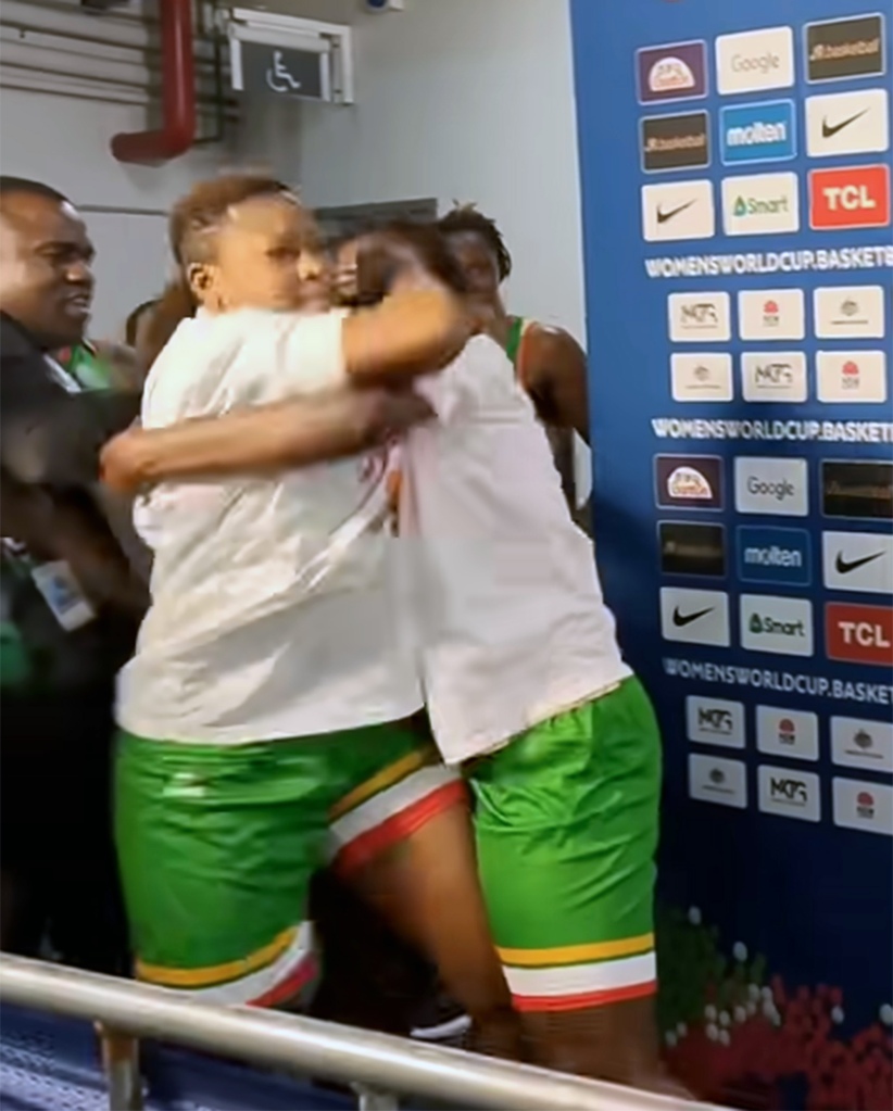 Two players from the Mali team come to blows in the press area at the women's basketball World Cup in Sydney.