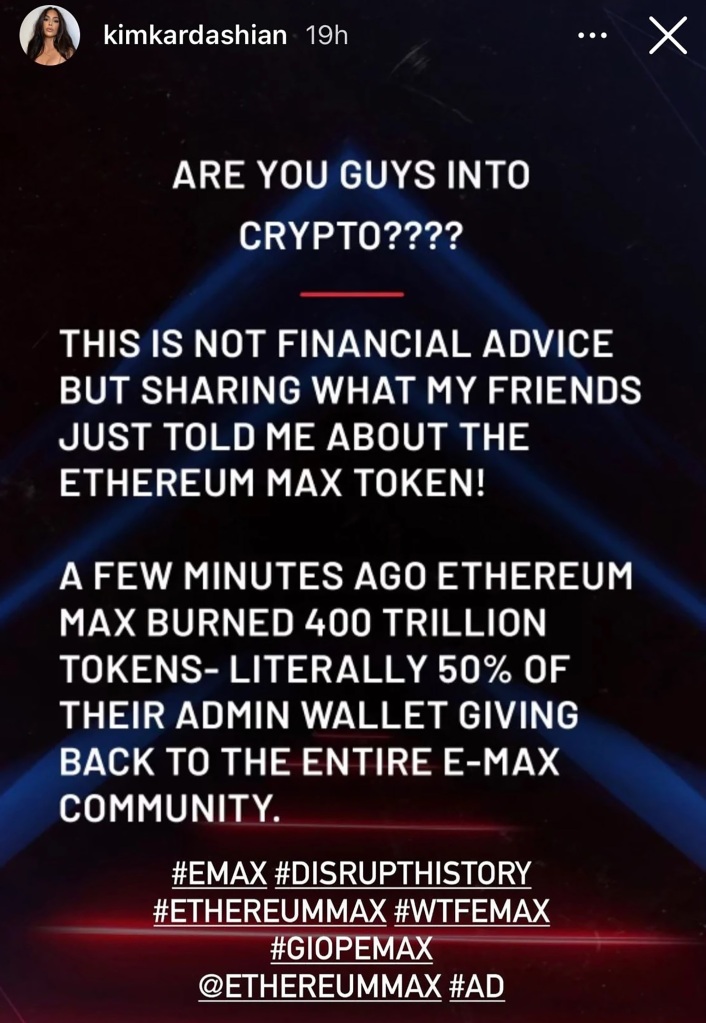 Kim Kardashian's Instagram post from June 2021 promoting EMAX tokens.