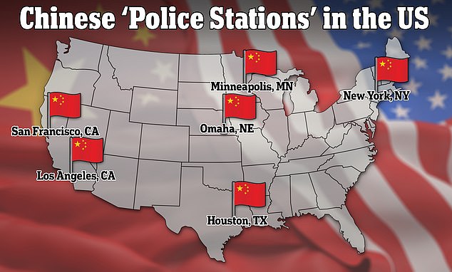 Advocacy group Safeguard Defenders says China operates police outposts in New York and Los Angeles, as well as four other cities with so-called 'Overseas Chinese Service Centers'